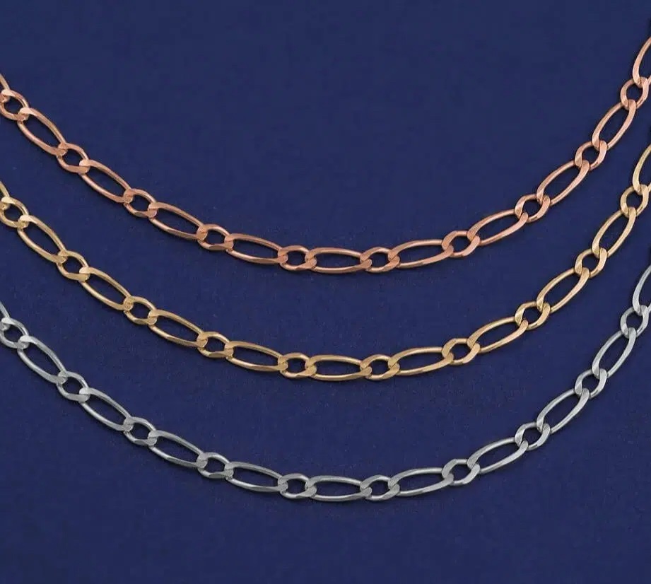 Close up of a chain in three different metals.