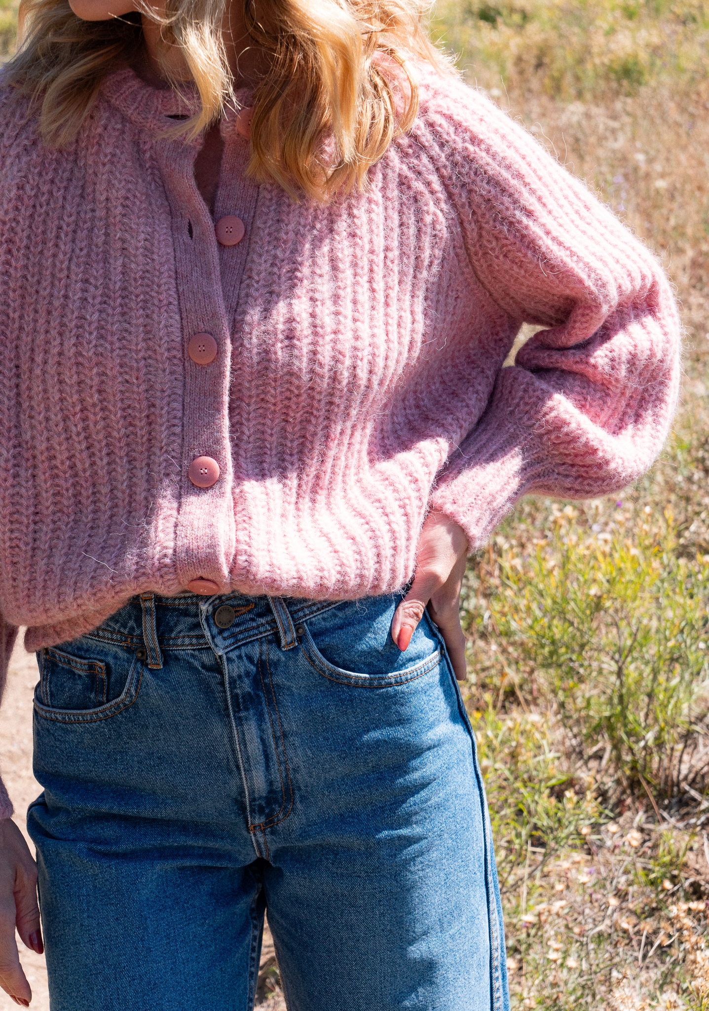 The writer wearing the Sézane Emile Cardigan.