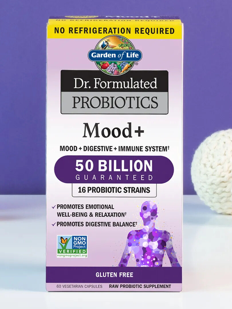 A bottle of Garden of Life Dr. Formulated Mood+ Probiotics.