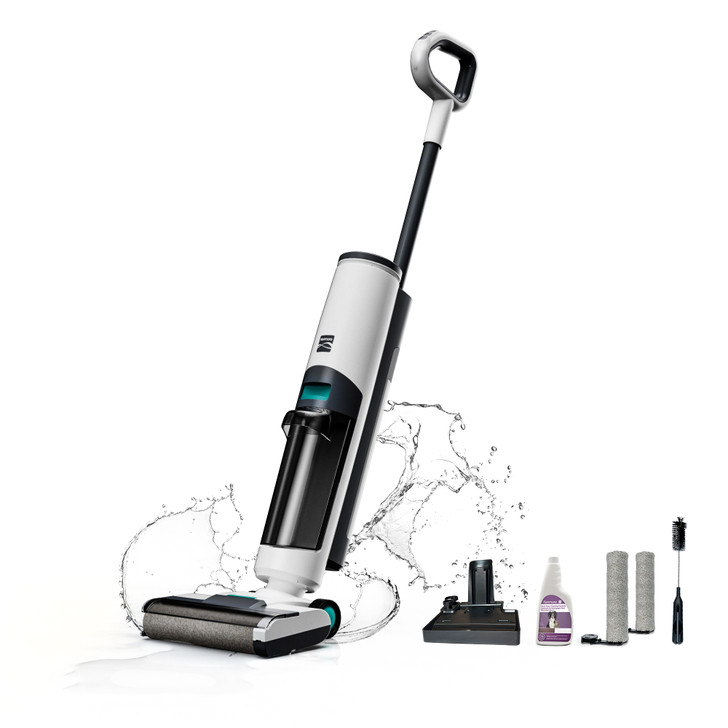 A floor cleaner with water splash, shown with accessories: charger, cleaning solution, two roller heads, and a small brush.