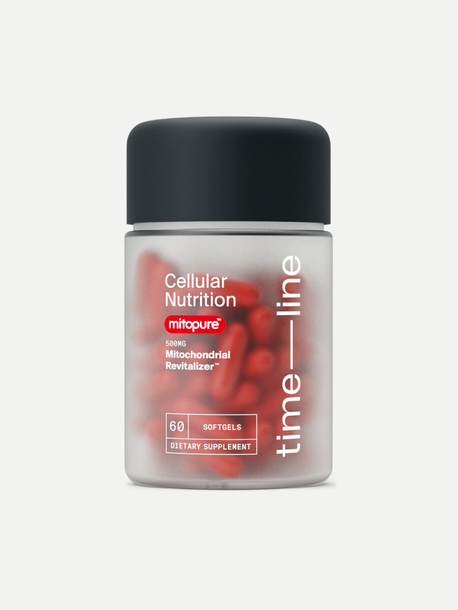 A bottle labeled "Timeline" containing 60 softgels for cellular nutrition and mitochondrial revitalization by Mitopure.