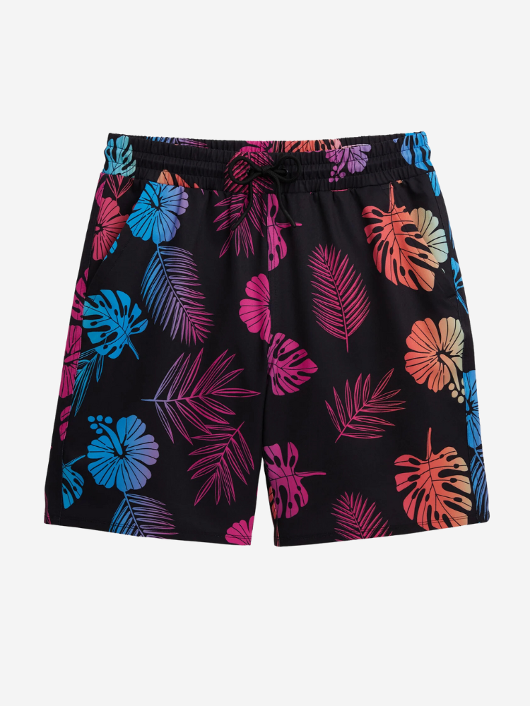Colorful tropical print shorts featuring a mix of blue, pink, orange, and green leaves and flowers on a black background, with an elastic waistband and drawstring.