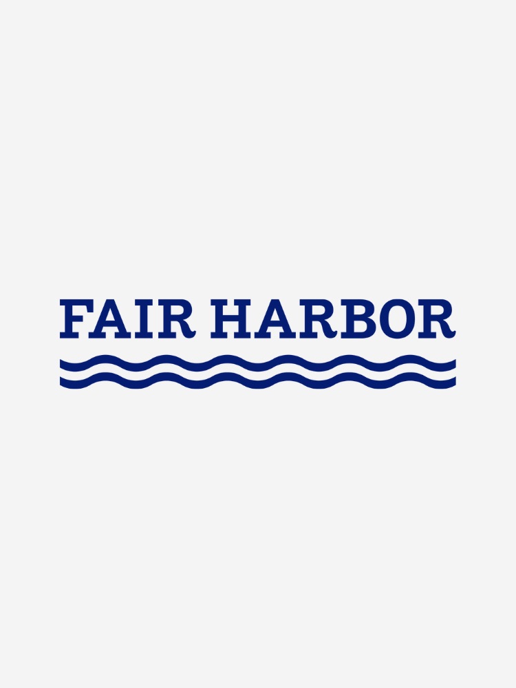 The image displays the text "FAIR HARBOR" above a stylized graphic of four wavy lines, all in navy blue against a plain white background.
