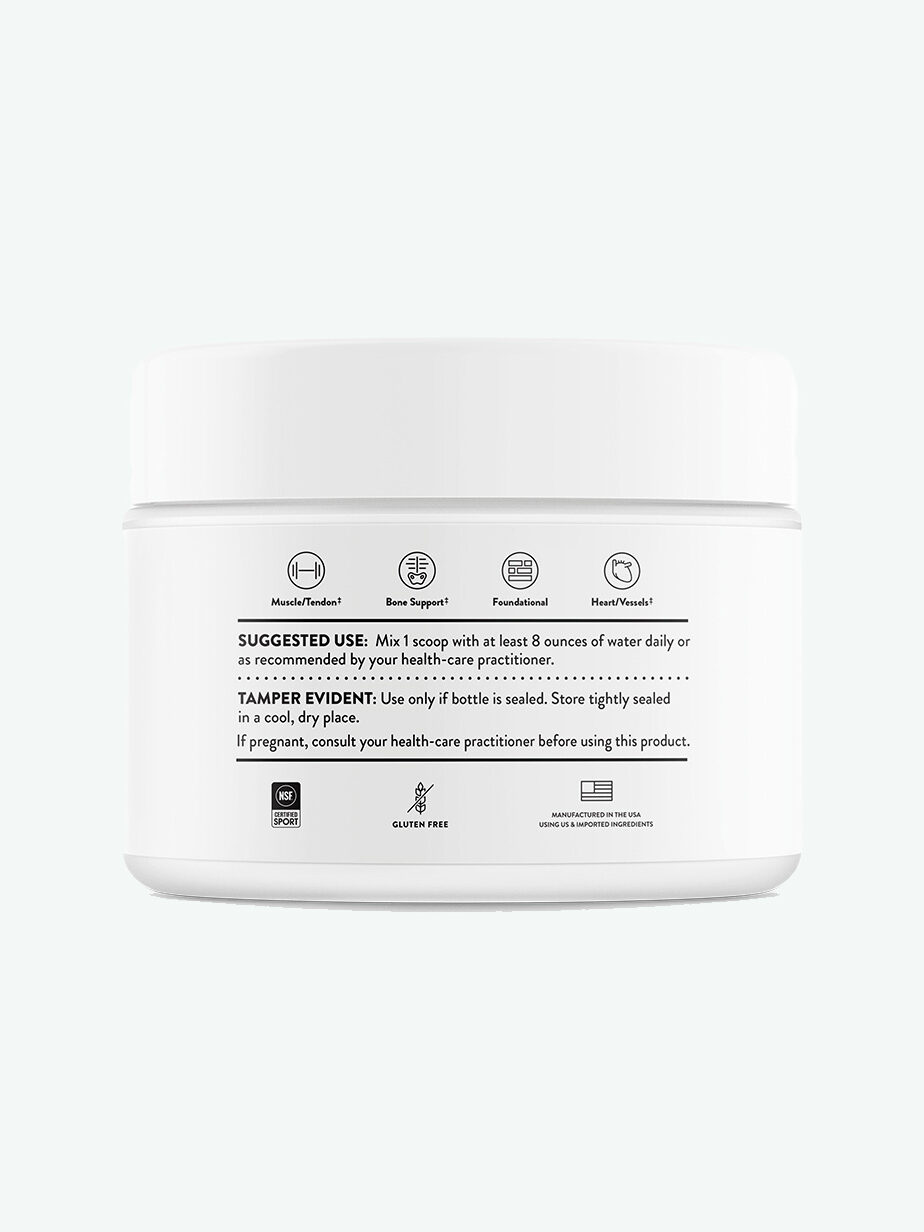 A white supplement container with text detailing suggested use, tamper-evident notice, and storage instructions. Labels include non-GMO, gluten-free, and icons for health benefits.