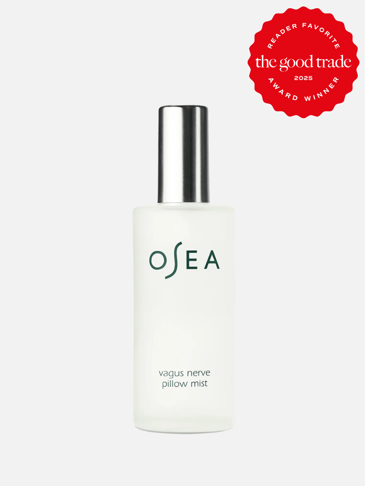 A bottle of OSEA vagus nerve pillow mist with a silver cap. A red "The Good Trade 2025 Reader Favorite Award Winner" badge is in the top right corner.