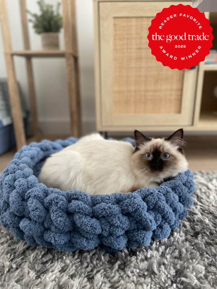 A cat with blue eyes sits in a fluffy blue bed on a soft gray carpet. A "Reader Favorite" award badge from "the good trade" is displayed in the top right corner.
