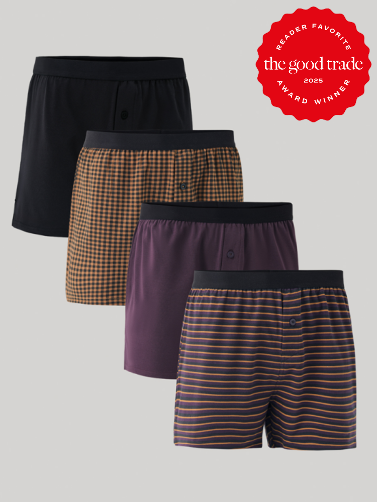 Four pairs of boxer shorts with different patterns and colors, displayed in a row. A red badge in the top right corner reads "Reader Favorite The Good Trade Award Winner 2025.