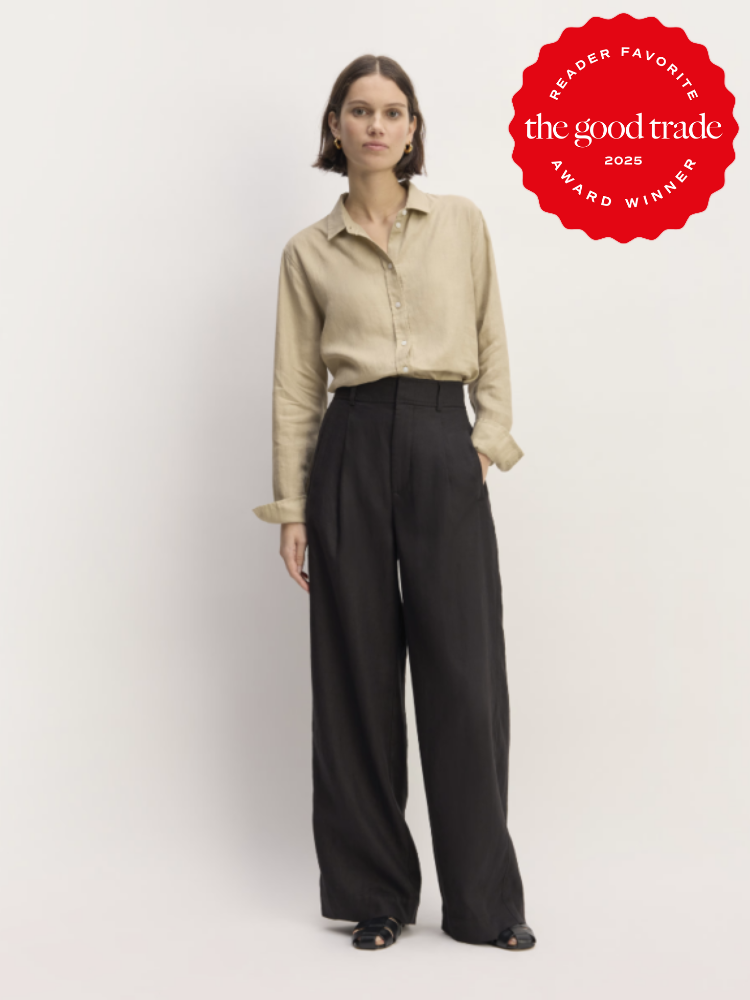 Person wearing a beige shirt and black wide-leg pants stands against a plain background. A red badge in the corner reads "Reader Favorite, the good trade, Award Winner, 2025.