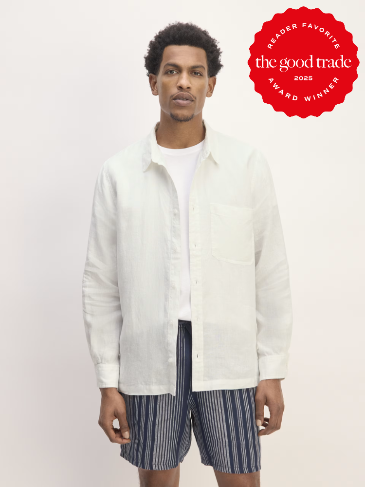 Person wearing a white shirt and striped shorts stands against a plain background. A red badge reads "Reader Favorite, the good trade, Award Winner, 2025.