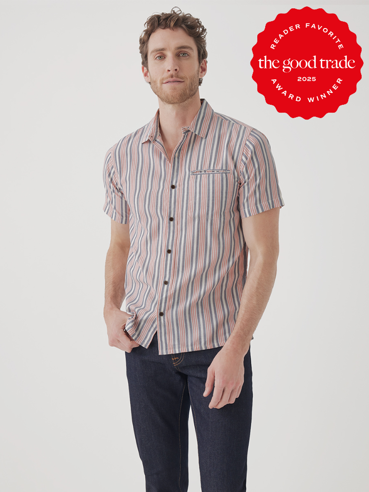 Man wearing a striped short-sleeve shirt and jeans stands against a white background. A red badge states "Reader Favorite, The Good Trade, 2025 Award Winner.