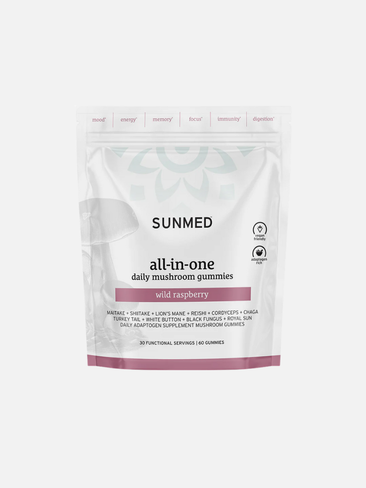 A white pouch labeled "Sunmed all-in-one daily mushroom gummies, wild raspberry," featuring mushroom ingredients and supplement details on the front.