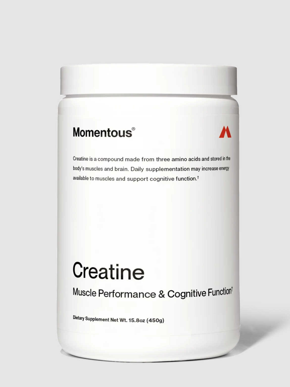 White container labeled "Momentous Creatine," featuring text about muscle performance and cognitive function. Net weight 15.8 oz (450g).
