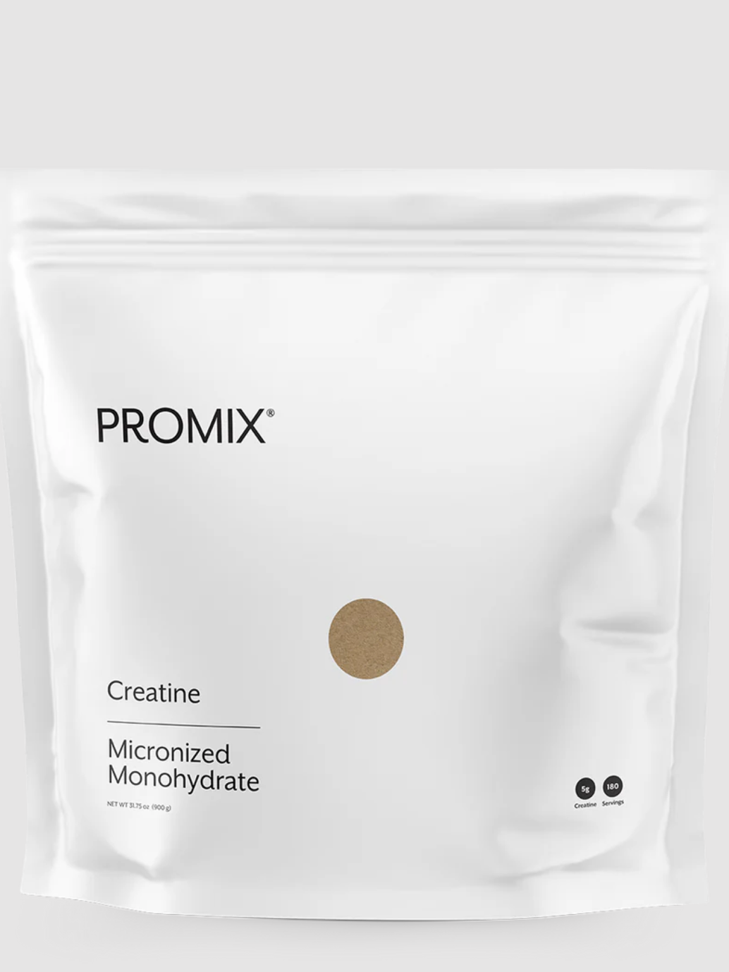 White sealed pouch labeled "PROMIX Creatine Micronized Monohydrate" on a plain background.