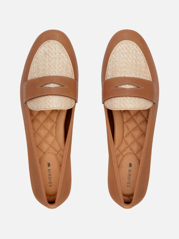 Brown loafers with woven beige detailing on the top, featuring cushioned insoles.