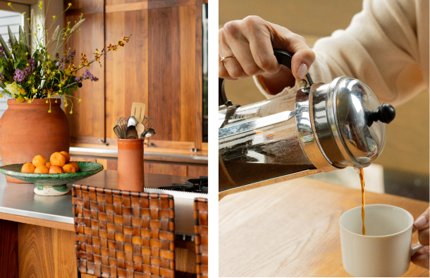 Left: A kitchen counter with a bowl of oranges and utensils in containers. Right: A person pours coffee from a French press into a white cup.
