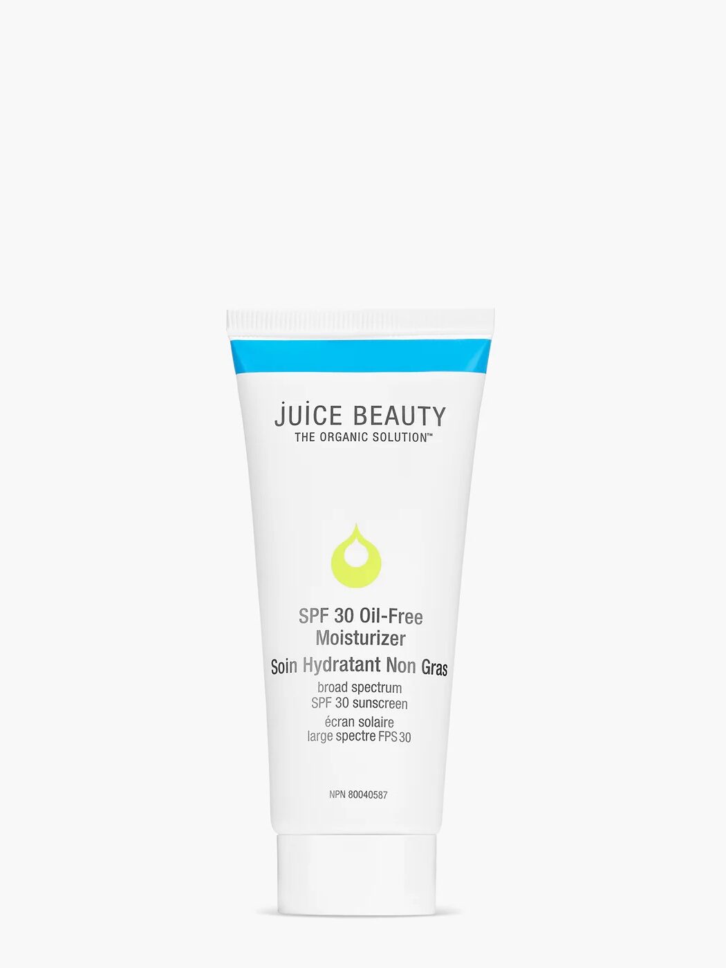 A white tube labeled "Juice Beauty SPF 30 Oil-Free Moisturizer" with product details in English and French, standing upright on a plain white background.