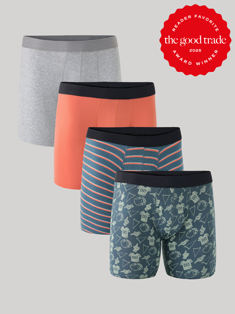 Four men's boxer briefs in different colors and patterns are arranged in a row. A 2025 "The Good Trade Reader Favorite Award Winner" badge is displayed in the top right corner.
