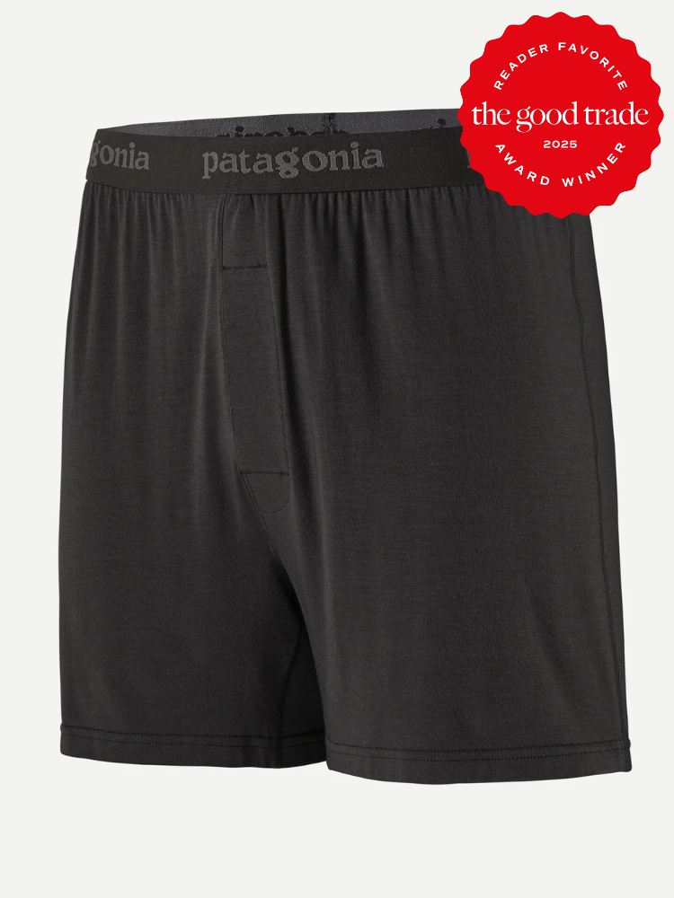 Black men's boxer shorts with "patagonia" branding on the waistband, displayed with a "The Good Trade 2023 Award Winner" badge in the top right corner.