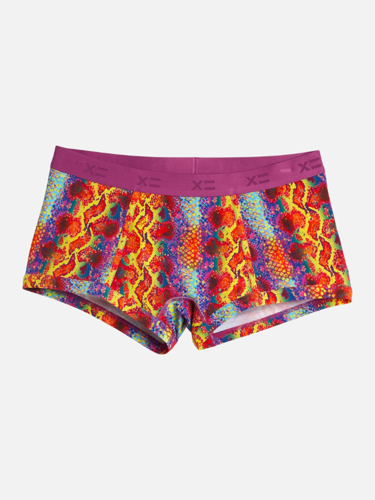 A pair of boxer briefs with a vibrant, multicolored snakeskin pattern and a solid purple waistband.