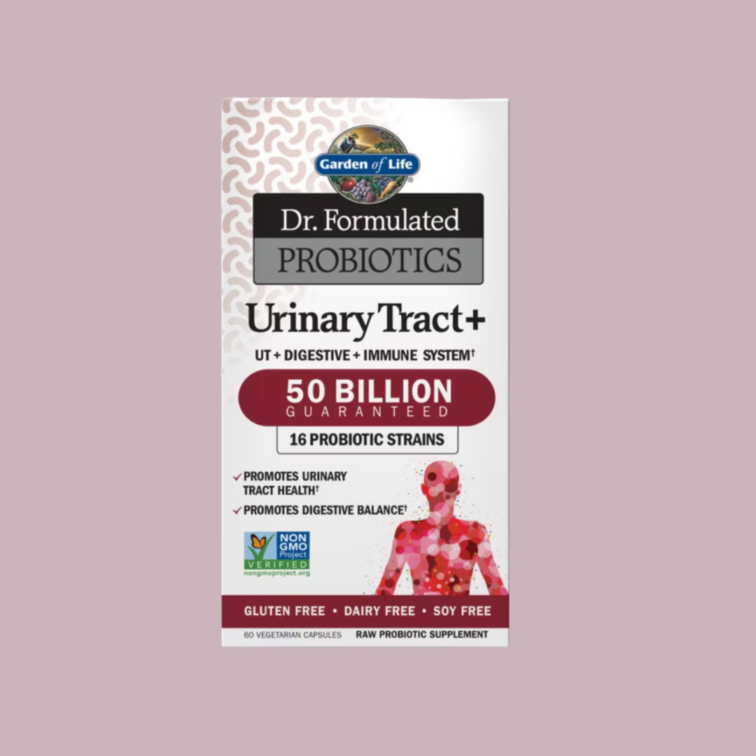 Front label of a Garden of Life Dr. Formulated Probiotics Urinary Tract+ supplement, highlighting 50 billion CFU, 16 strains, and benefits for urinary, digestive, and immune health.