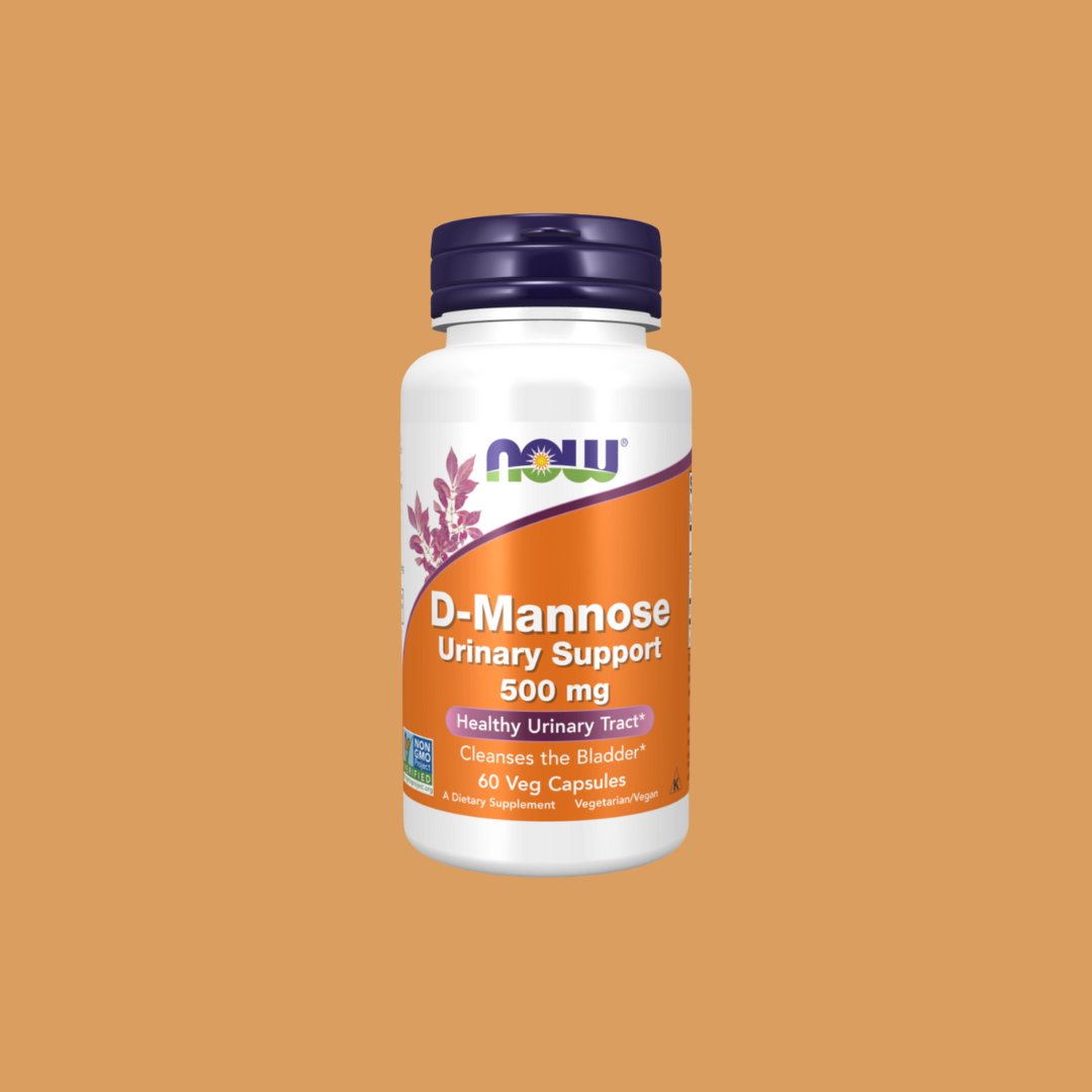 A bottle of NOW D-Mannose Urinary Support 500 mg dietary supplement with 60 vegetarian capsules, shown against a plain tan background.