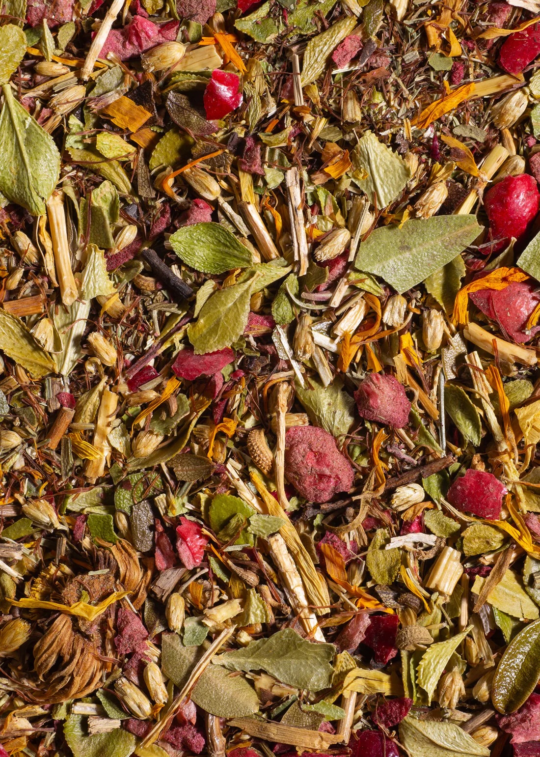 A close-up of a loose herbal tea blend, showing dried leaves, stems, red berries, and various botanicals.