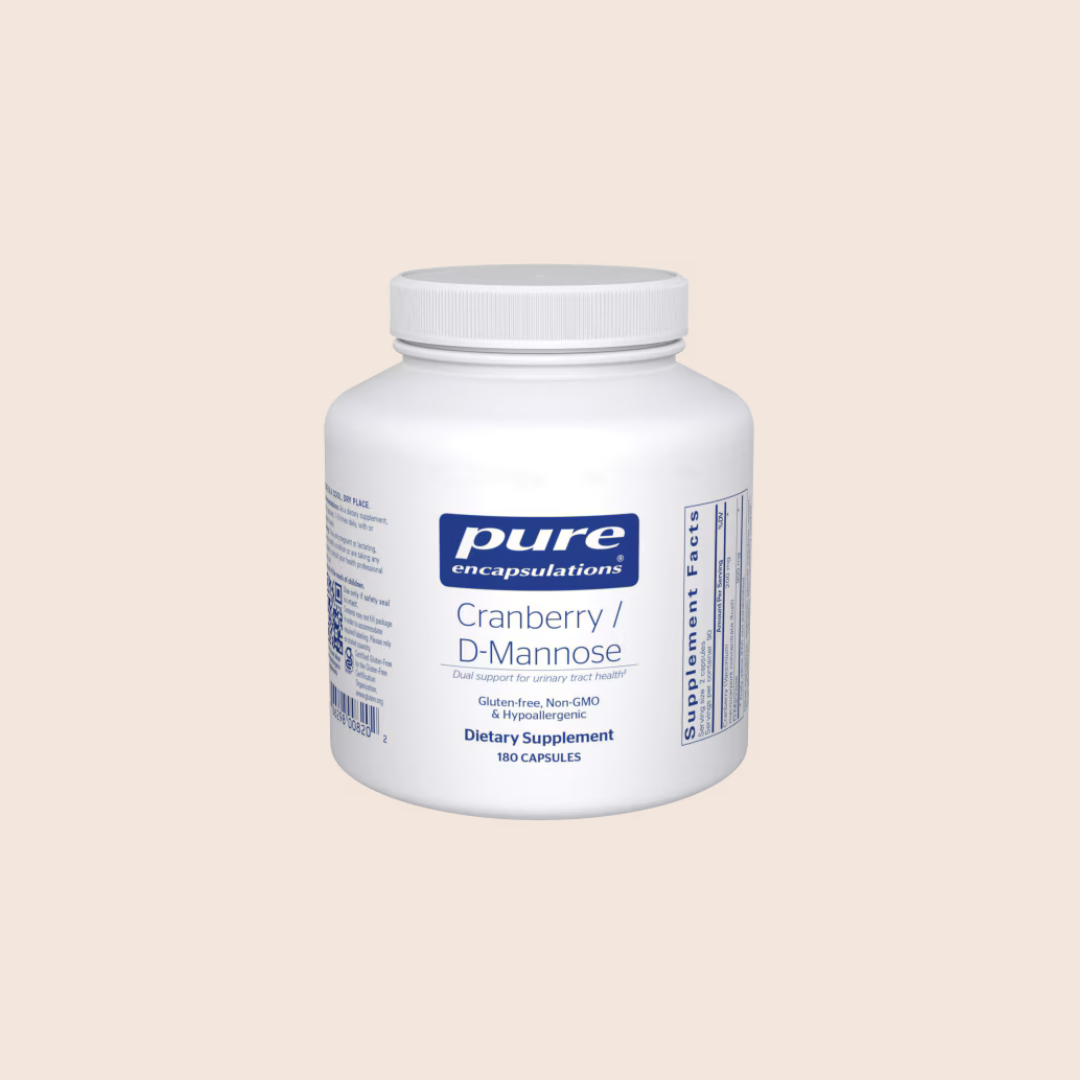 White plastic bottle of Pure Encapsulations Cranberry / D-Mannose dietary supplement, containing 180 capsules.