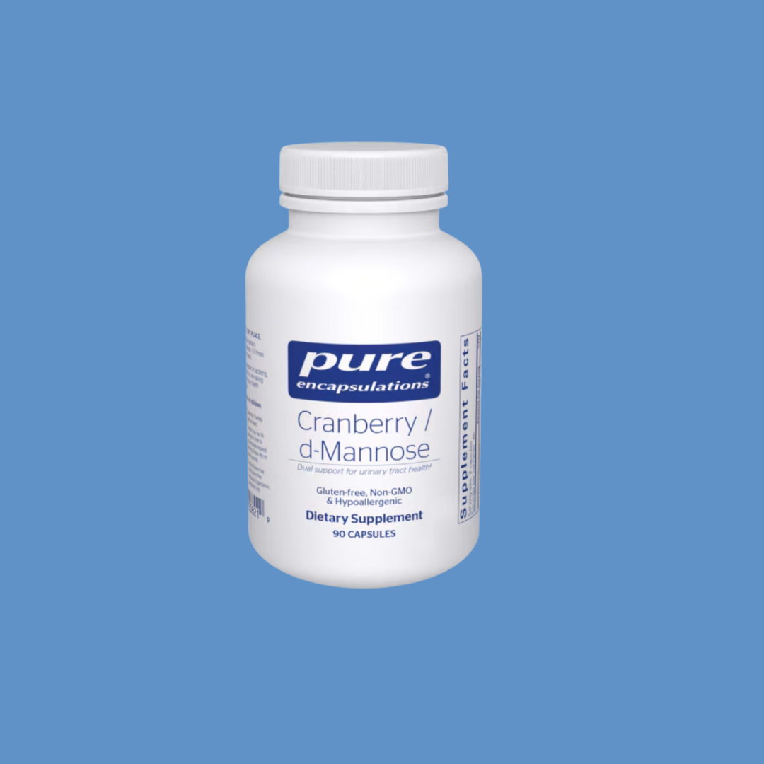 A white bottle labeled "Pure Encapsulations Cranberry/d-Mannose dietary supplement, 90 capsules," against a solid blue background.